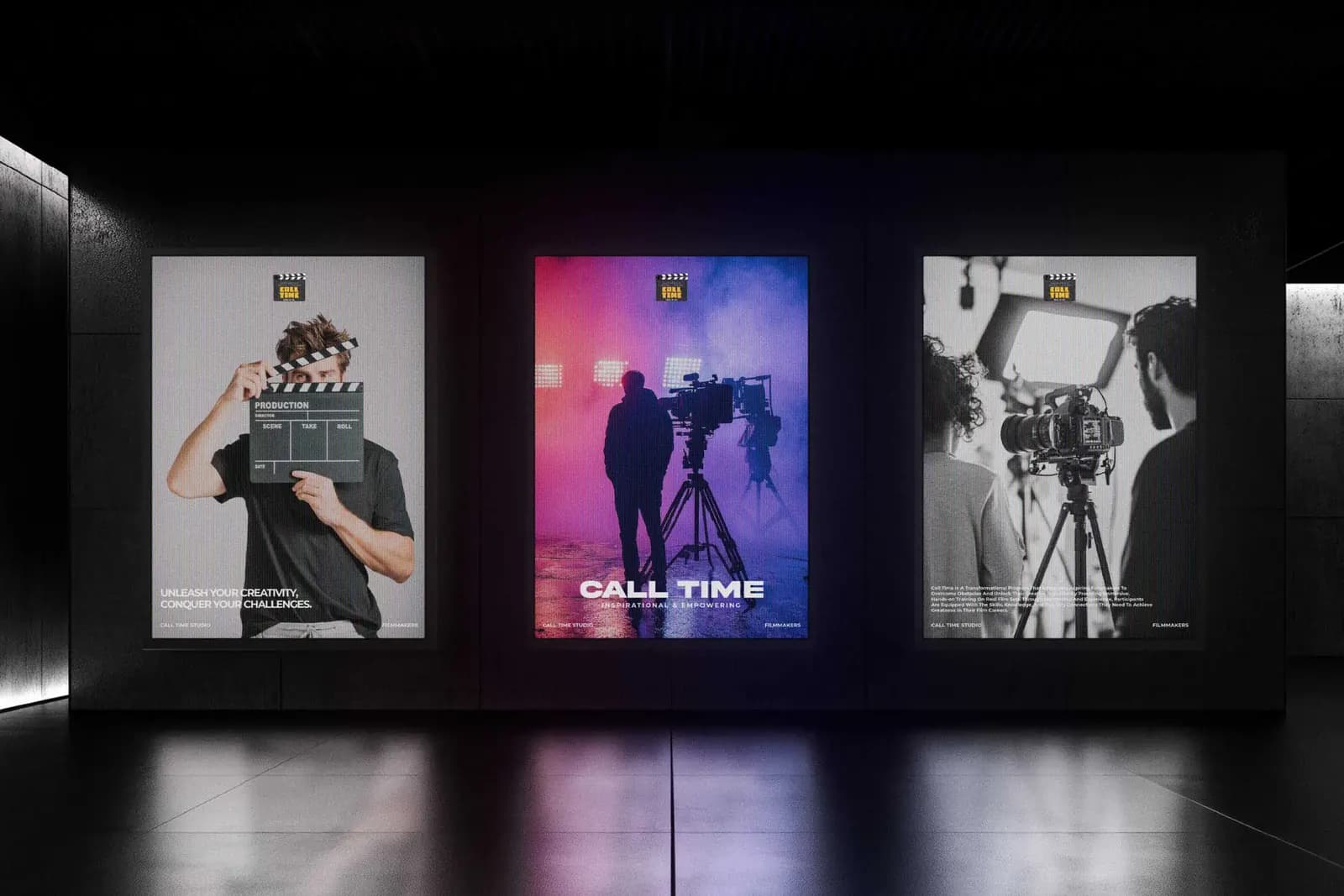 Three Call Time posters of filmmakers displayed in a dark gallery space