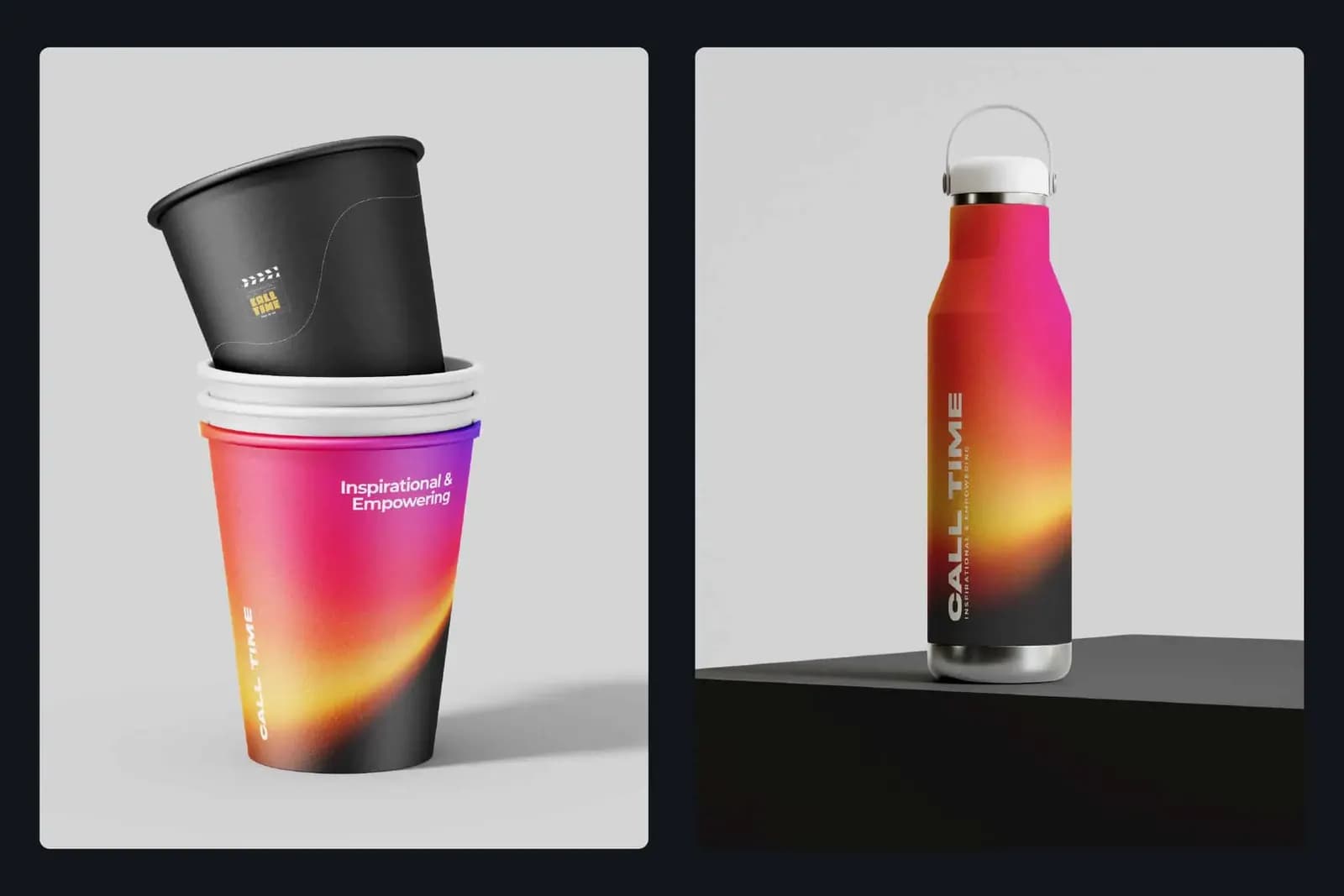 Call Time paper cups and a water bottle in a pink, orange and black gradient