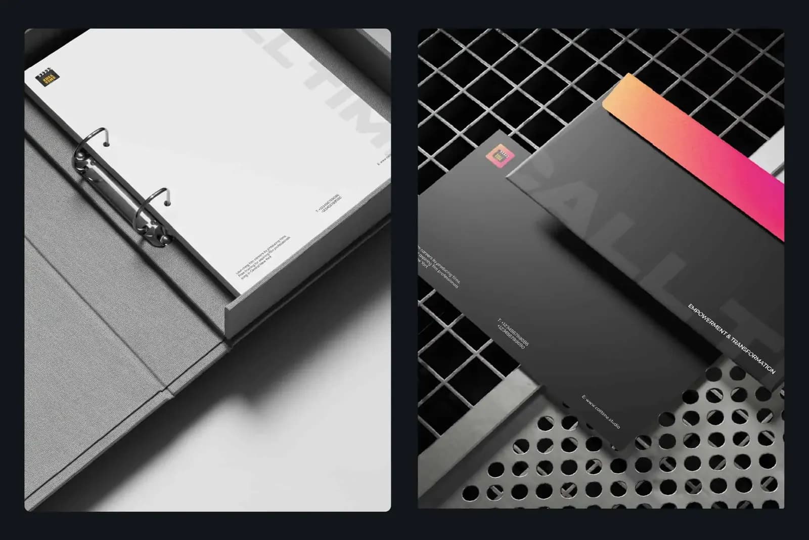 Call Time letterhead in a ring binder next to a dark gradient folder