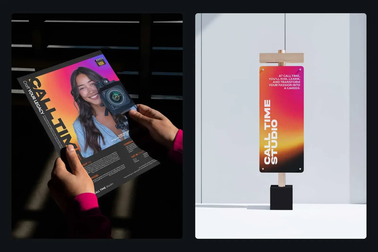 A hand holding a Call Time flyer next to a hanging Call Time Studio sign