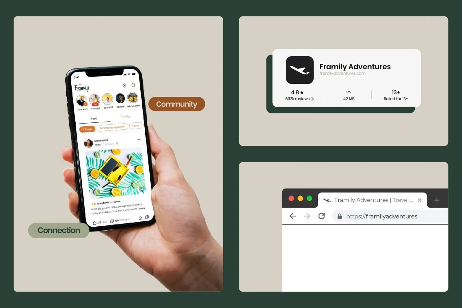 Framily mobile app shown on a phone with an app store listing and a desktop browser window