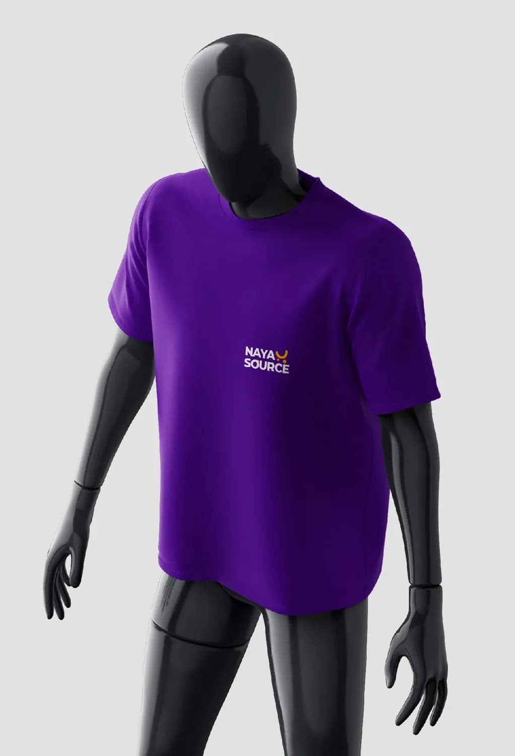 Purple NayaSource t-shirt with the logo on a black mannequin