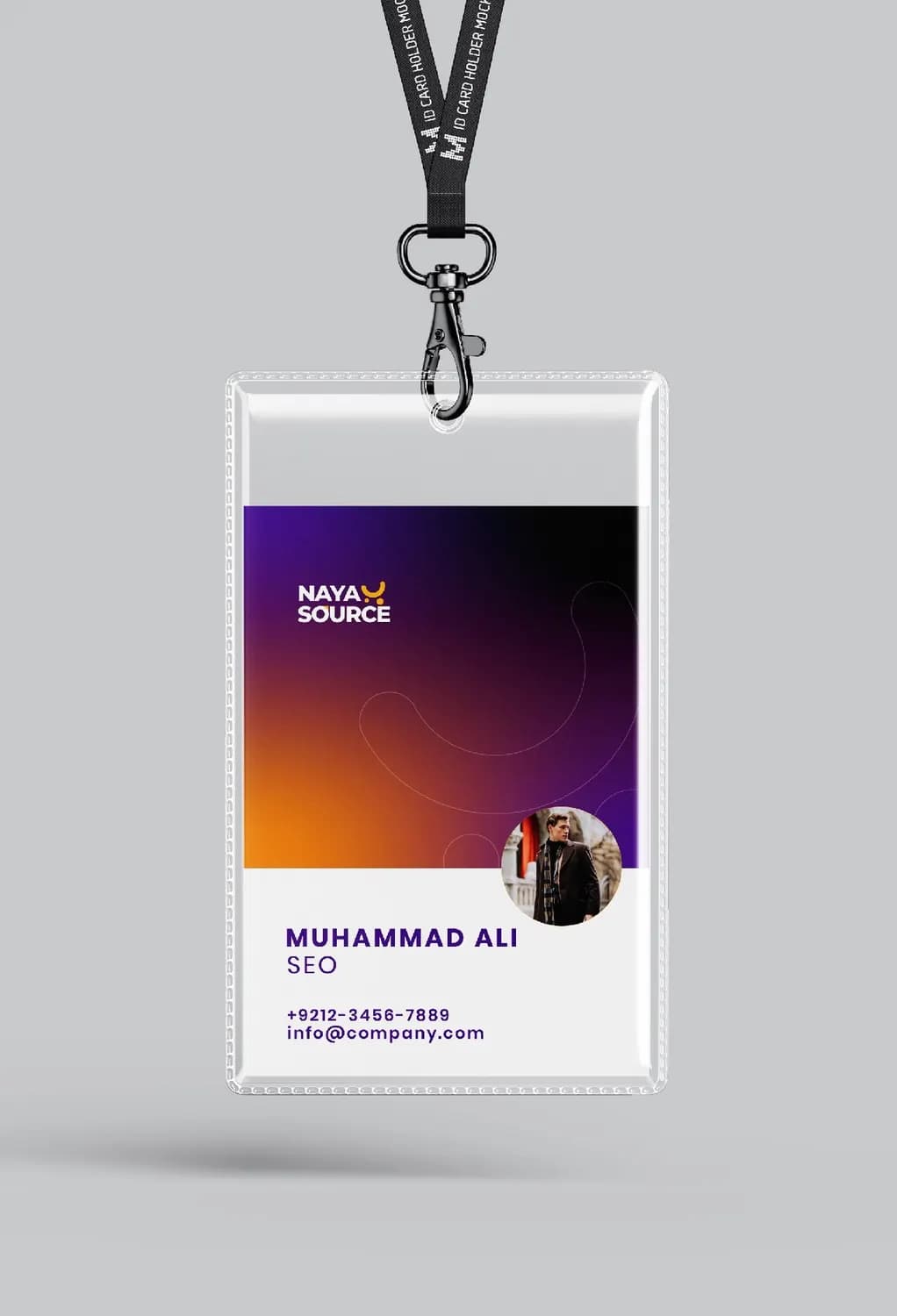 NayaSource employee ID badge on a lanyard with a gradient header