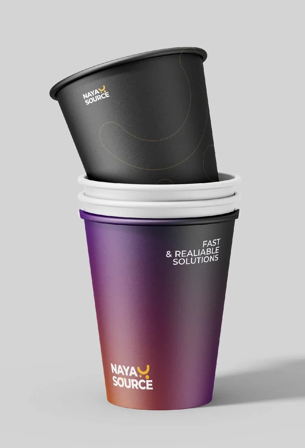 NayaSource paper cups in black and purple gradient with the tagline Fast and reliable solutions